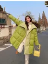 Avocado green white duck down PU leather down jacket for mid-length women, a niche design sense, a popular no-wash coat on the Internet Application Scenario